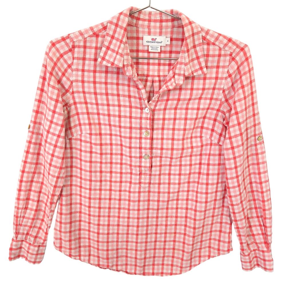 Vineyard Vines Shirt Womens 4 Red Pink Check Linen Blend Button Up Roll Tab Top